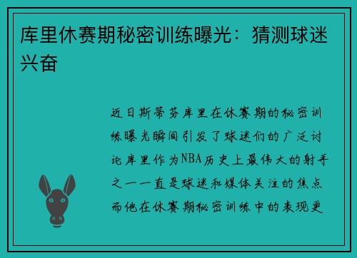 库里休赛期秘密训练曝光：猜测球迷兴奋